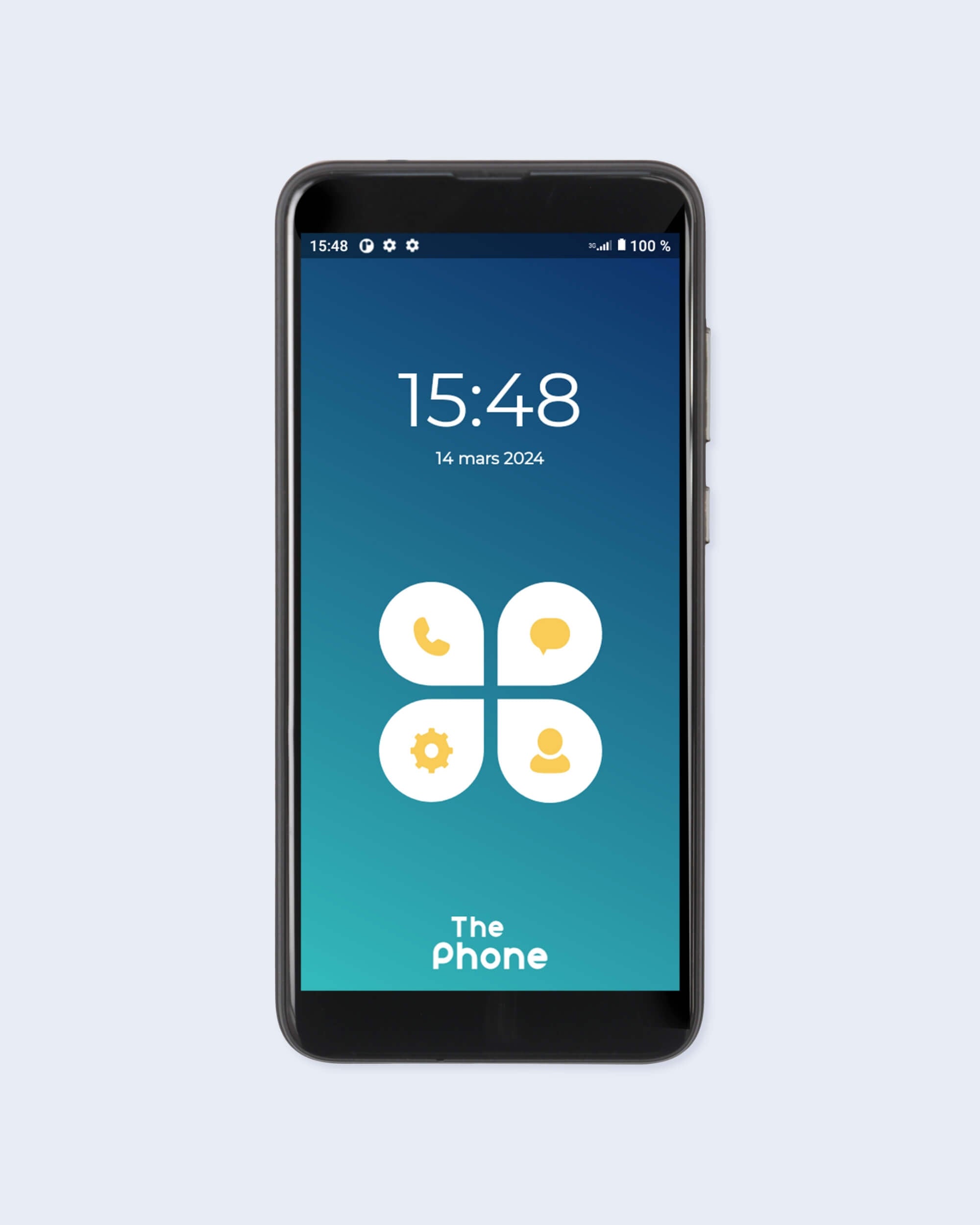 Interface simple de The Phone avec écran tactile et fonctions essentielles : appel, SMS, contacts, réglages