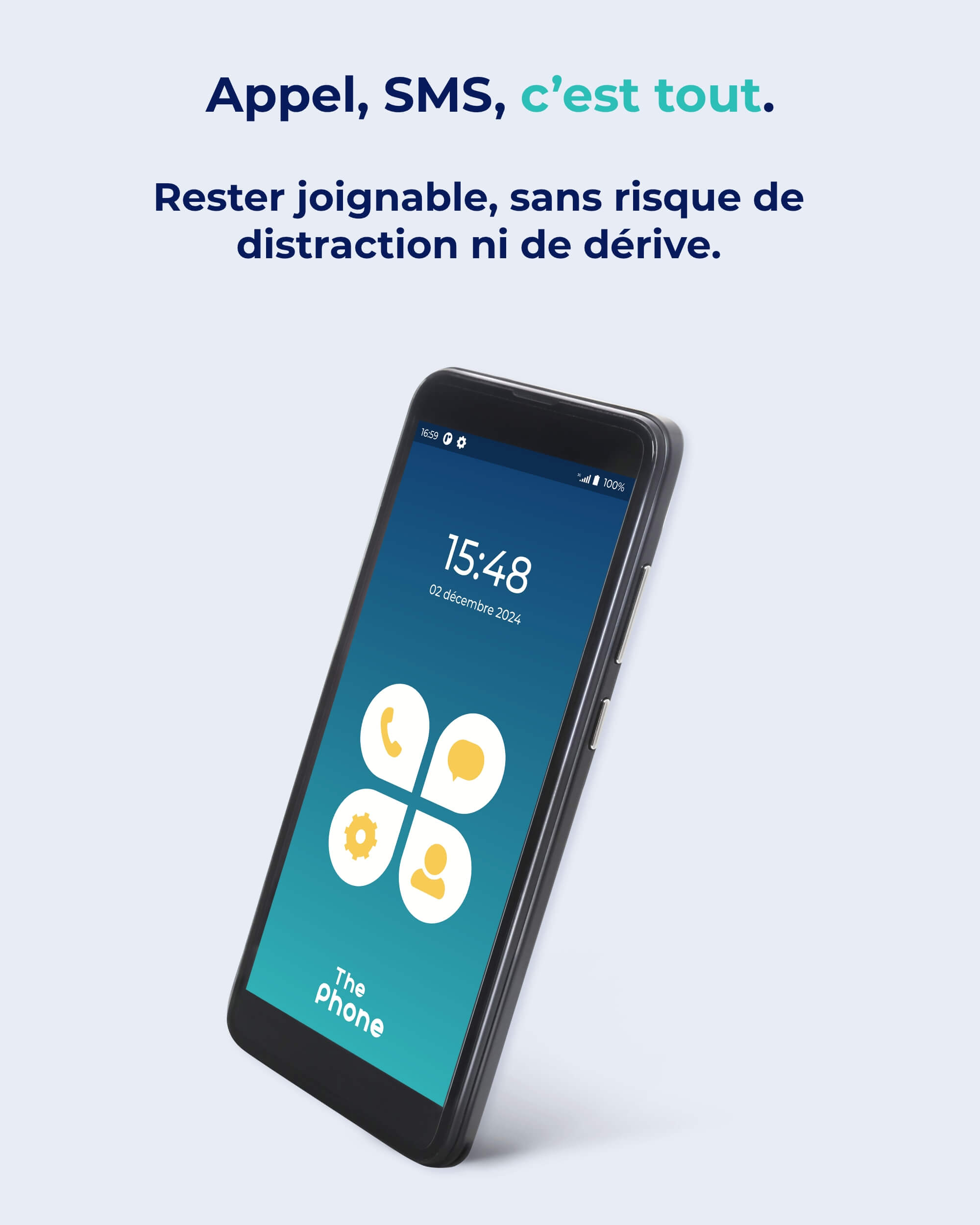 Design moderne du téléphone The Phone, écran tactile et format ultra fin sans accès à internet