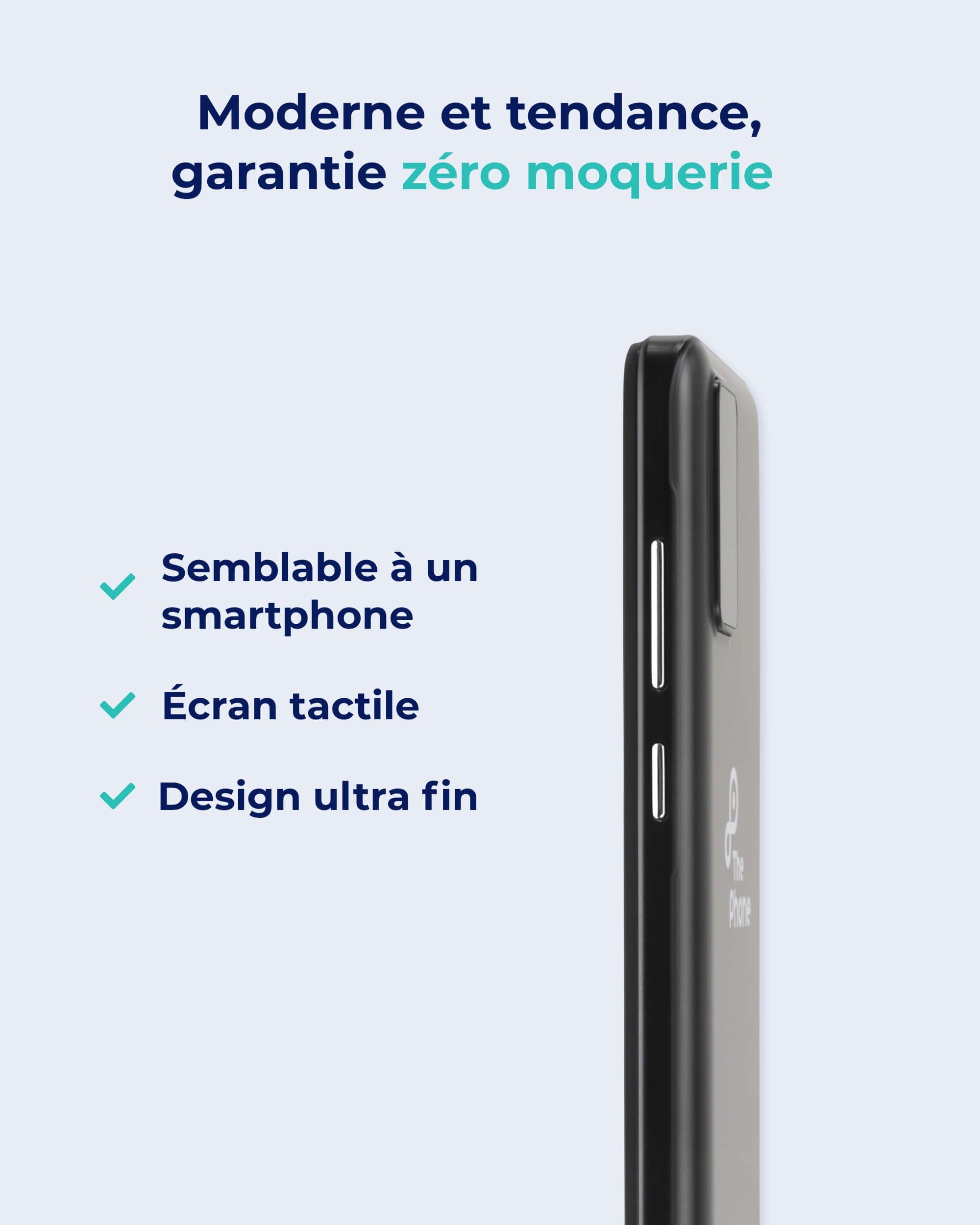 Design moderne du téléphone The Phone, écran tactile et format ultra fin sans accès à internet
