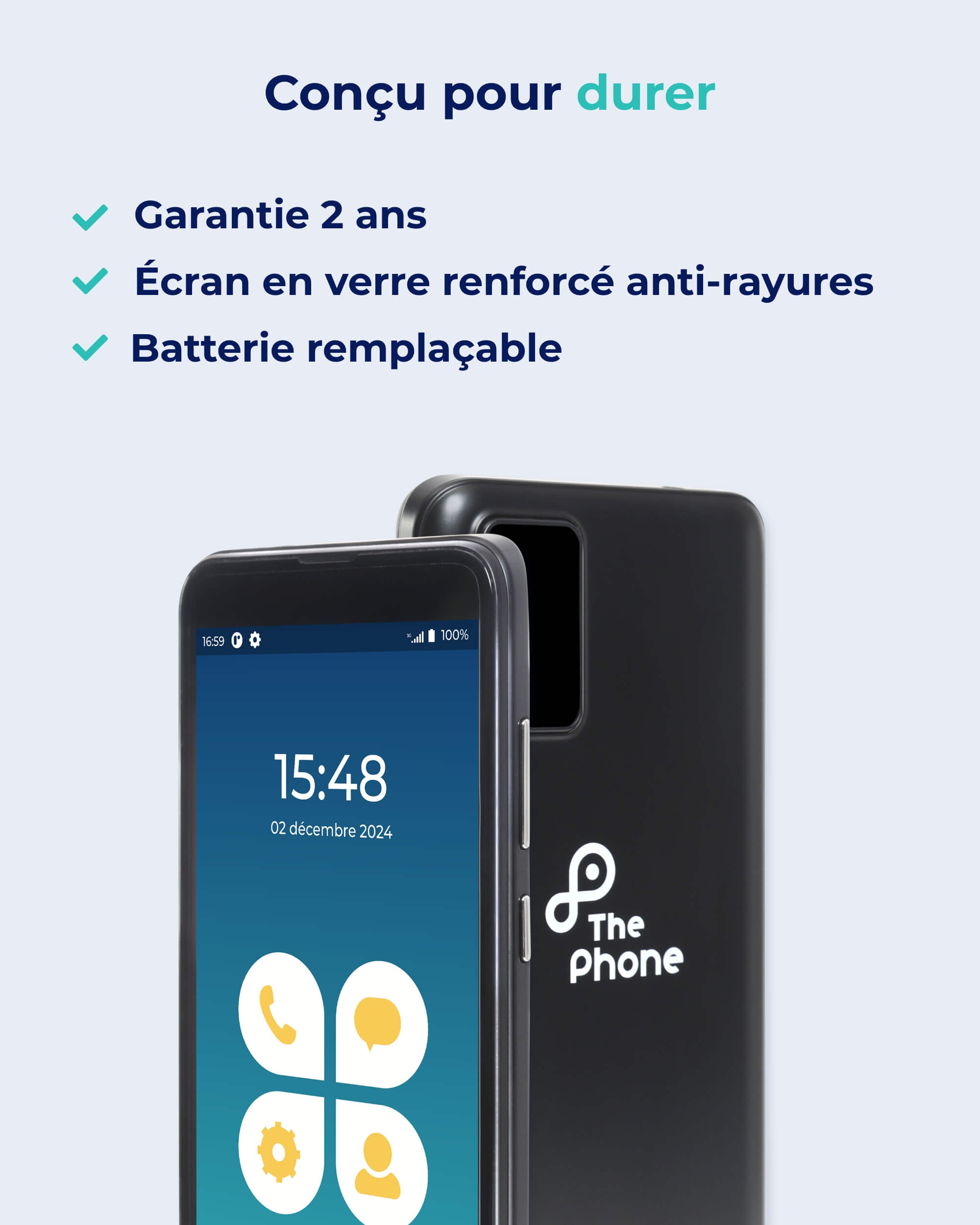 Téléphone sans internet The Phone avec garantie 2 ans, écran renforcé et batterie remplaçable