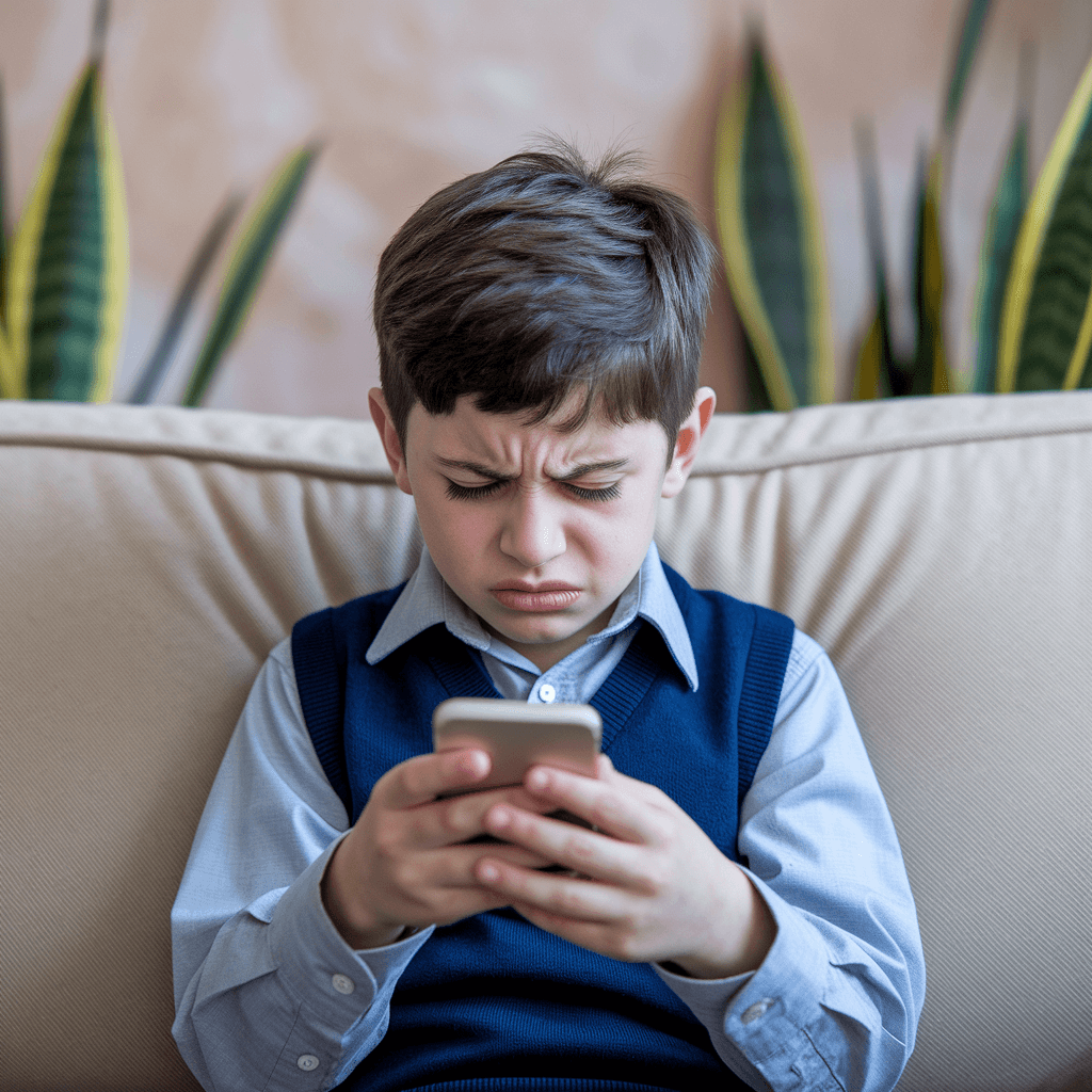 Jeune garçon frustré par un smartphone, illustrant les effets négatifs des écrans sur les enfants